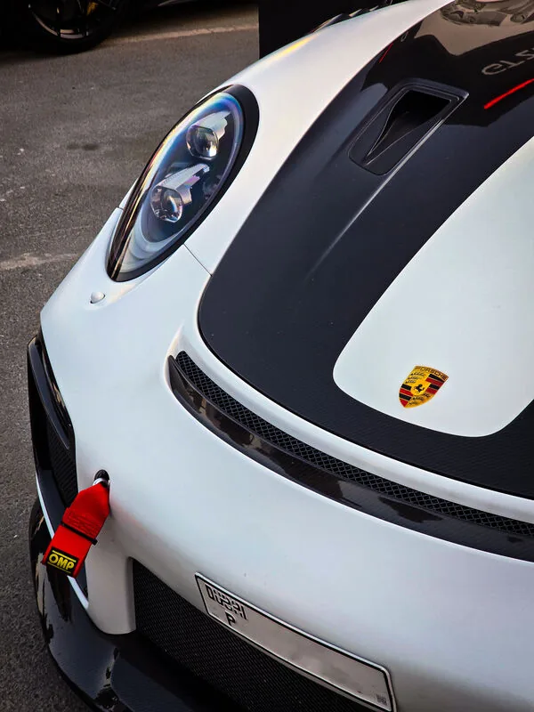 White Porsche GT race car close-up